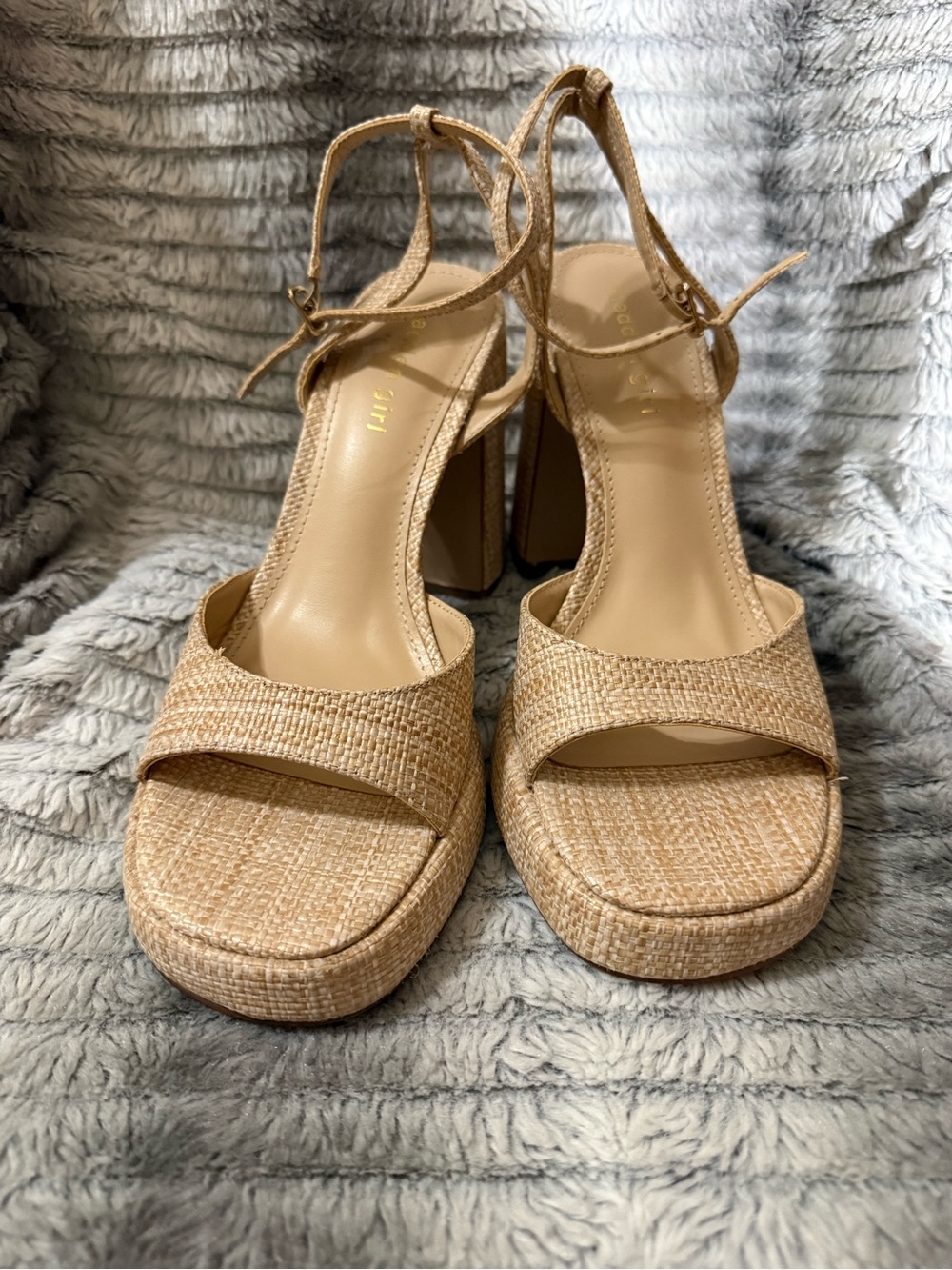 Madden Girl Tan Raffia Block Heel Platform Ankle-Strap Sandals Size : 9.5M